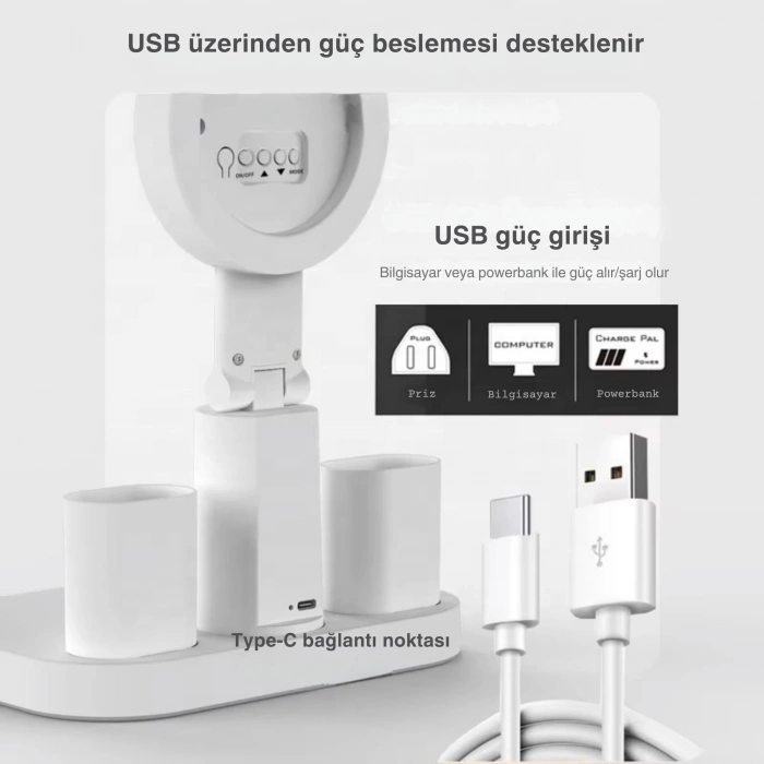 ShopyTech Çift Başlıklı LED Masa Lambası Fanlı Dijital Saatli RGB Ambiyans Dokunmatik Type-C Şarjlı