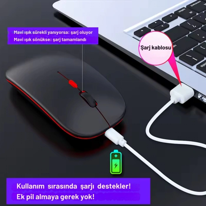 ShopyTech Çift Mod Kablosuz Mouse Bluetooth 5.2 + 2.4G Şarjlı Sessiz Tıklama RGB Işıklı (500 mAh)SİYAH