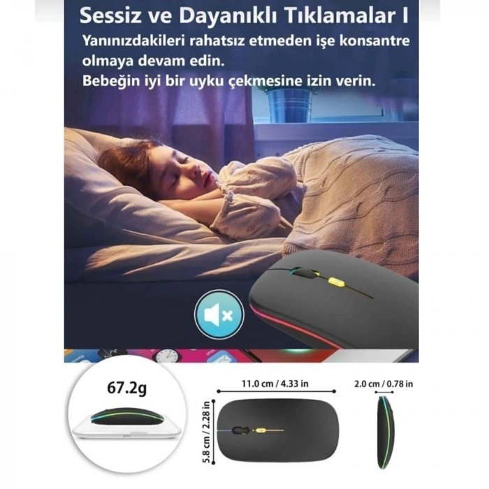 ShopyTech Çift Mod Kablosuz Mouse Bluetooth 5.2 + 2.4G Şarjlı Sessiz Tıklama RGB Işıklı (500 mAh)SİYAH