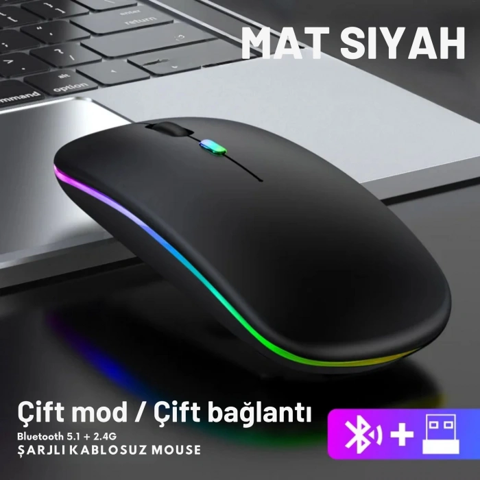 ShopyTech Çift Mod Kablosuz Mouse Bluetooth 5.2 + 2.4G Şarjlı Sessiz Tıklama RGB Işıklı (500 mAh)SİYAH