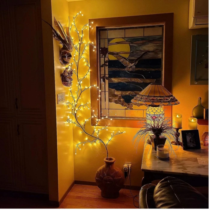 ShopyTech Dal Şeklinde LED Duvar Işığı 1.85m 96 LED Sıcak Beyaz USB Uzaktan Kumandalı Zamanlayıcılı Kısılabilir