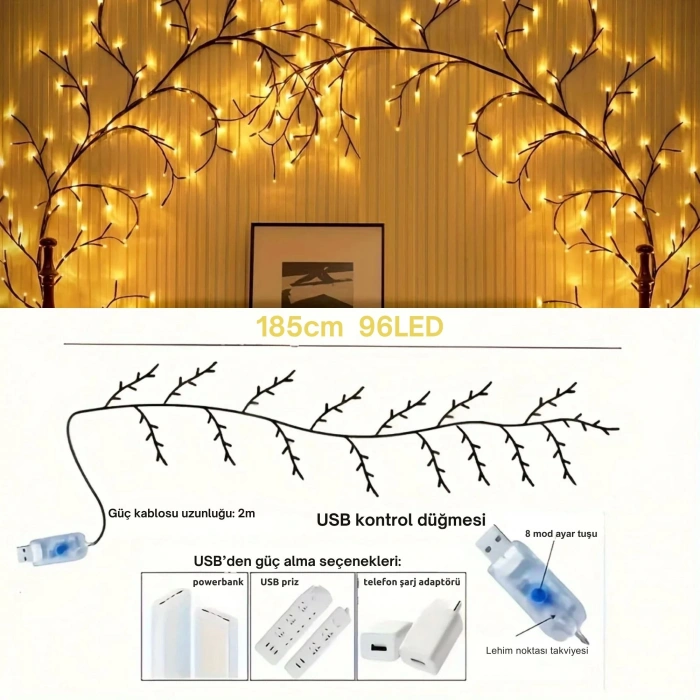 ShopyTech Dal Şeklinde LED Duvar Işığı 1.85m 96 LED Sıcak Beyaz USB Uzaktan Kumandalı Zamanlayıcılı Kısılabilir