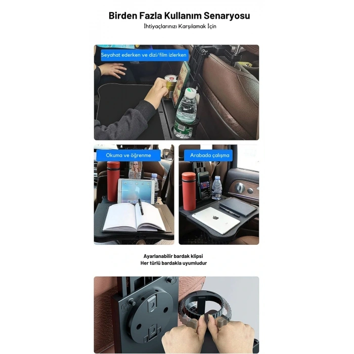 ShopyTech Evrensel Araç Koltuğu Masası 360° Döner Tepsi Tablet Laptop Standı ve Bardaklık