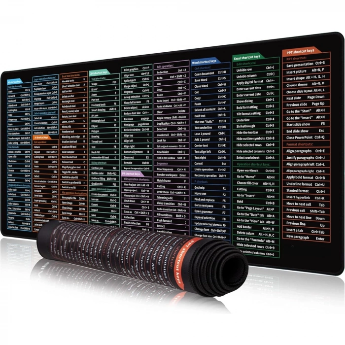 ShopyTech Excel Kısayol Mouse Pad 80×30 cm Büyük Boy Kaymaz Taban Su Geçirmez Dikişli Kenar  Word/Excel/PPT Kısayol Rehberi