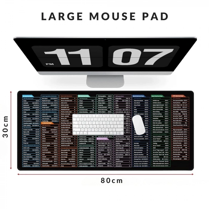 ShopyTech Excel Kısayol Mouse Pad 80×30 cm Büyük Boy Kaymaz Taban Su Geçirmez Dikişli Kenar  Word/Excel/PPT Kısayol Rehberi