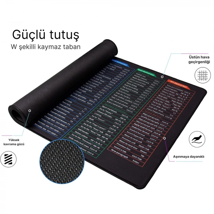ShopyTech Excel Kısayol Mouse Pad 80×30 cm Büyük Boy Kaymaz Taban Su Geçirmez Dikişli Kenar  Word/Excel/PPT Kısayol Rehberi