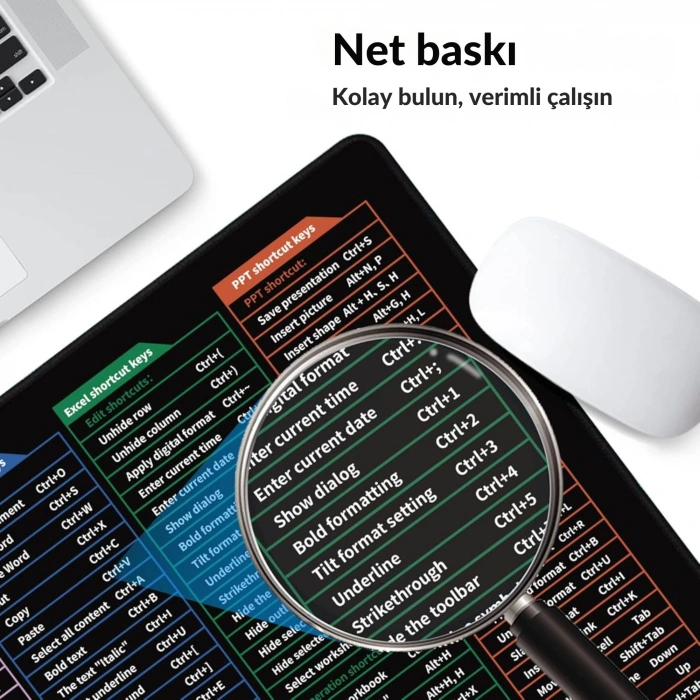ShopyTech Excel Kısayol Mouse Pad 80×30 cm Büyük Boy Kaymaz Taban Su Geçirmez Dikişli Kenar  Word/Excel/PPT Kısayol Rehberi
