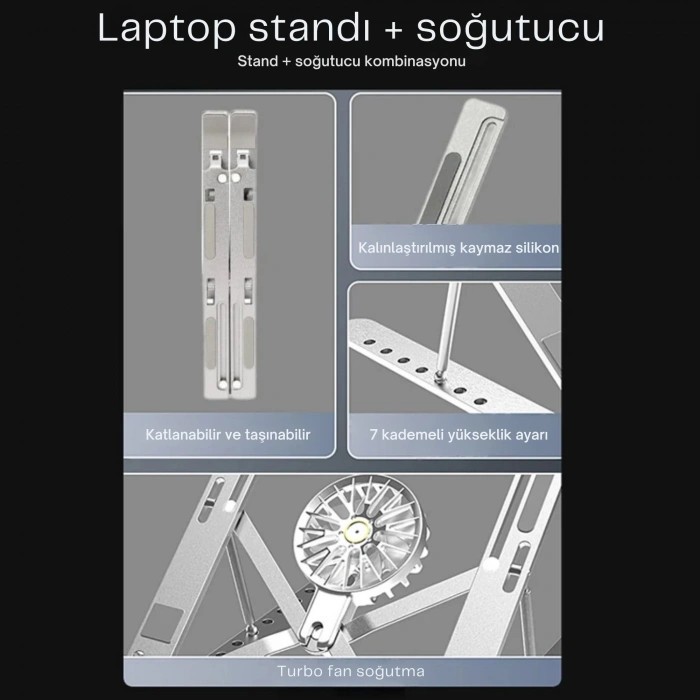 ShopyTech Fanlı Katlanır Laptop Notebook Standı  7 Kademeli Yükseklik Alüminyum Alaşım 16¨ inc Uyumlu