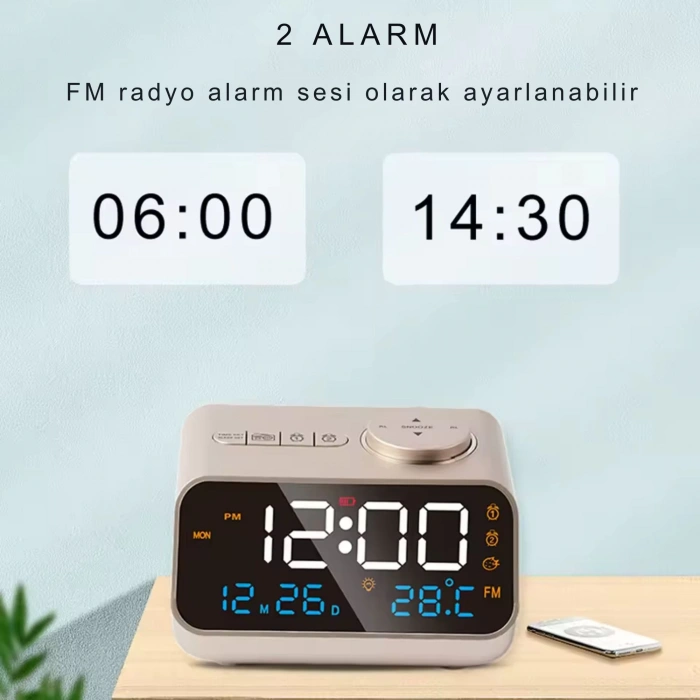 ShopyTech FM Radyo Dijital Çalar Saat LED Ekranlı Masa Saati Sıcaklık Nem göstergesi 2 USB Şarj Çıkışı Siyah,Beyaz