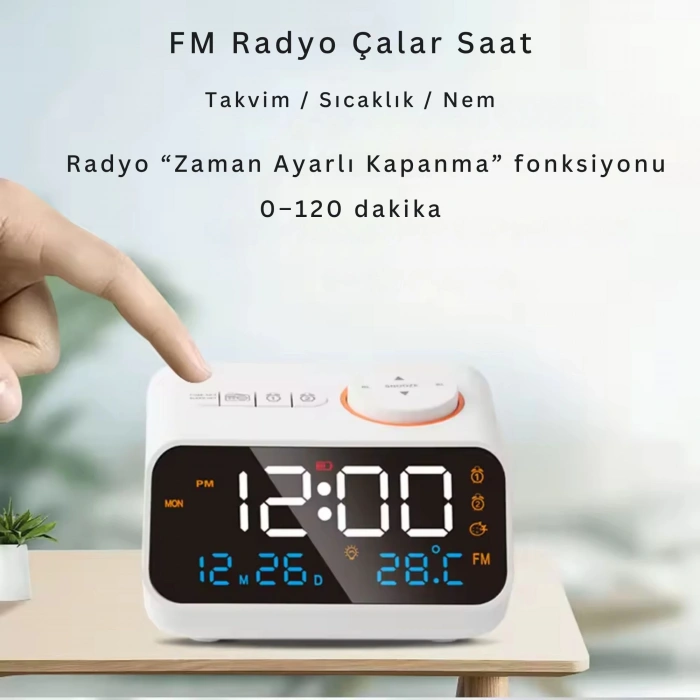 ShopyTech FM Radyo Dijital Çalar Saat LED Ekranlı Masa Saati Sıcaklık Nem göstergesi 2 USB Şarj Çıkışı Siyah,Beyaz
