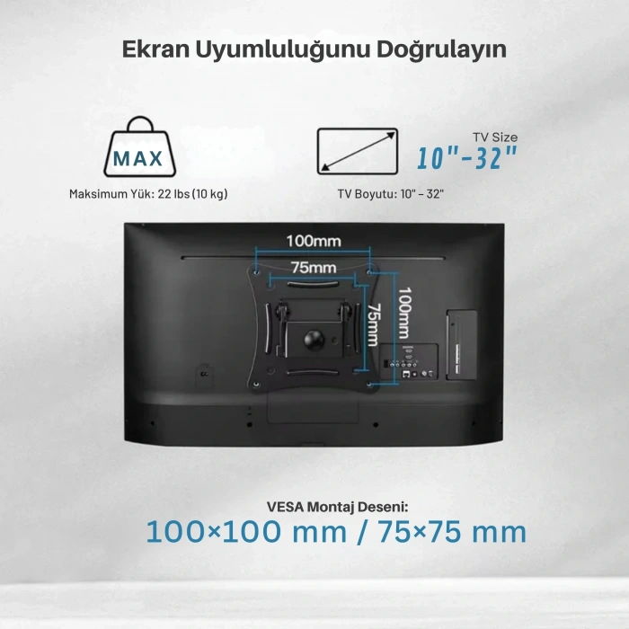 ShopyTech Hareketli 1032 TV Monitör Duvar Askı Aparatı 2 Kollu Tam Hareketli VESA 75x75 100x100  8 kg Taşıma Kapasiteli