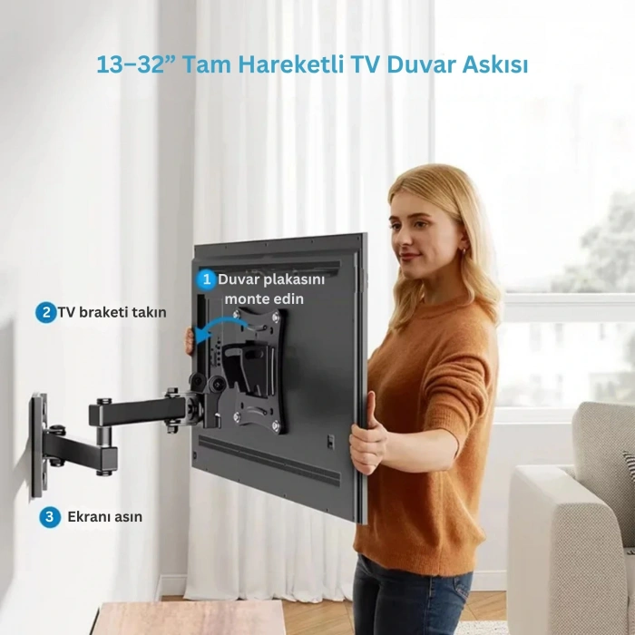 ShopyTech Hareketli 1032 TV Monitör Duvar Askı Aparatı 2 Kollu Tam Hareketli VESA 75x75 100x100  8 kg Taşıma Kapasiteli
