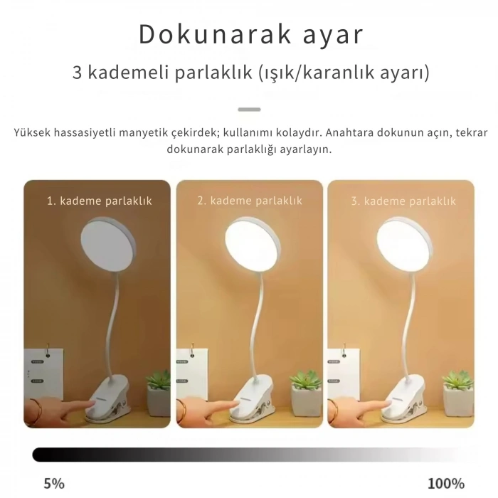 ShopyTech Klipsli LED Masa Lambası USB Şarjlı 3 Kademeli Dokunmatik Göz Yormaz Işık (4000 mAh)