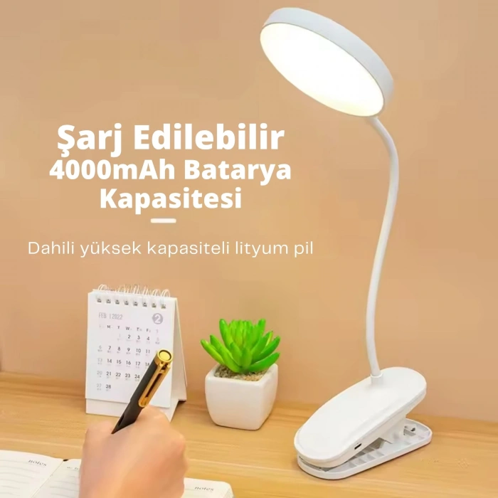 ShopyTech Klipsli LED Masa Lambası USB Şarjlı 3 Kademeli Dokunmatik Göz Yormaz Işık (4000 mAh)