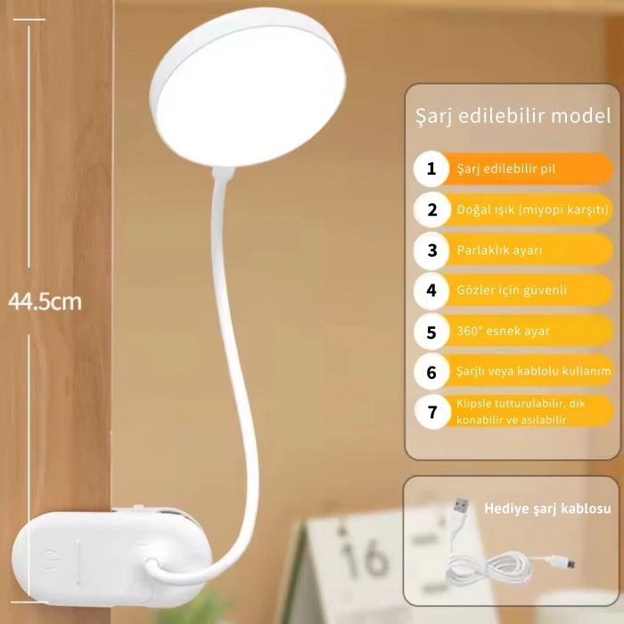ShopyTech Klipsli LED Masa Lambası USB Şarjlı 3 Kademeli Dokunmatik Göz Yormaz Işık (4000 mAh)