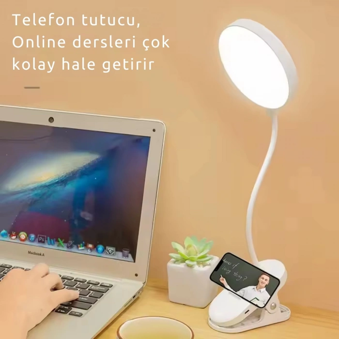 ShopyTech Klipsli LED Masa Lambası USB Şarjlı 3 Kademeli Dokunmatik Göz Yormaz Işık (4000 mAh)