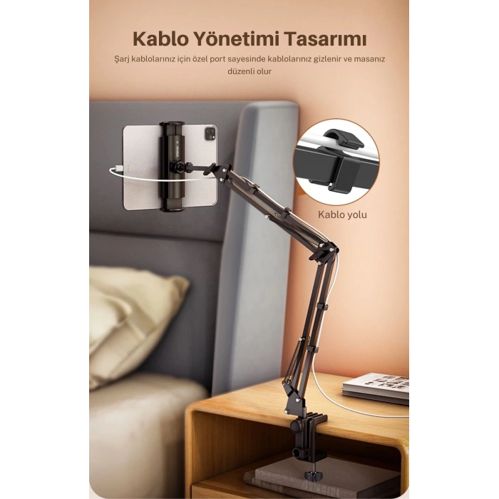 ShopyTech Metal 360° Uzun Kol Tablet/Telefon Standı Kelepçeli Masa/Yatak Başlığı Tutucu 6¨-12.9¨Uyumlu