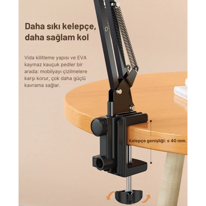 ShopyTech Metal 360° Uzun Kol Tablet/Telefon Standı Kelepçeli Masa/Yatak Başlığı Tutucu 6¨-12.9¨Uyumlu