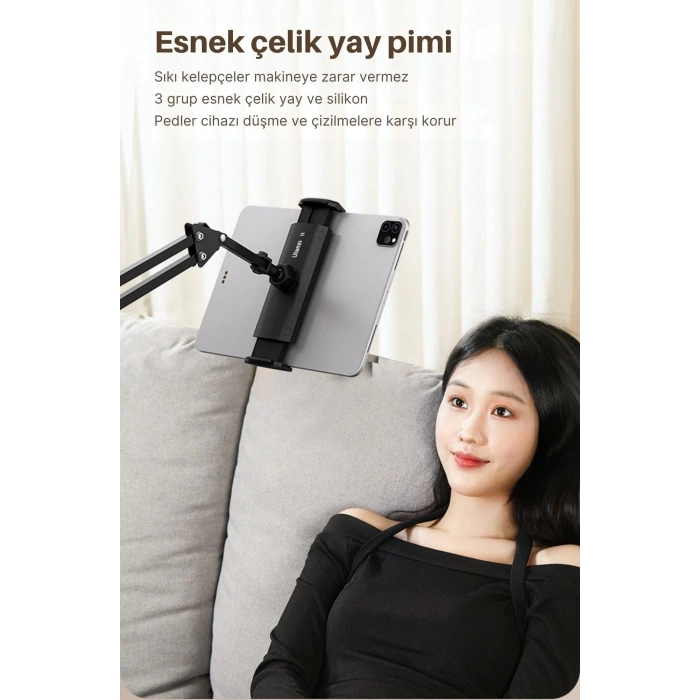 ShopyTech Metal 360° Uzun Kol Tablet/Telefon Standı Kelepçeli Masa/Yatak Başlığı Tutucu 6¨-12.9¨Uyumlu