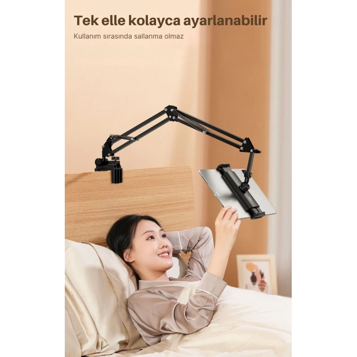ShopyTech Metal 360° Uzun Kol Tablet/Telefon Standı Kelepçeli Masa/Yatak Başlığı Tutucu 6¨-12.9¨Uyumlu