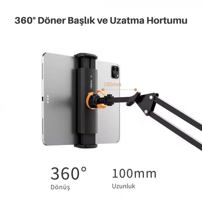 ShopyTech Metal 360° Uzun Kol Tablet/Telefon Standı Kelepçeli Masa/Yatak Başlığı Tutucu 6¨-12.9¨Uyumlu
