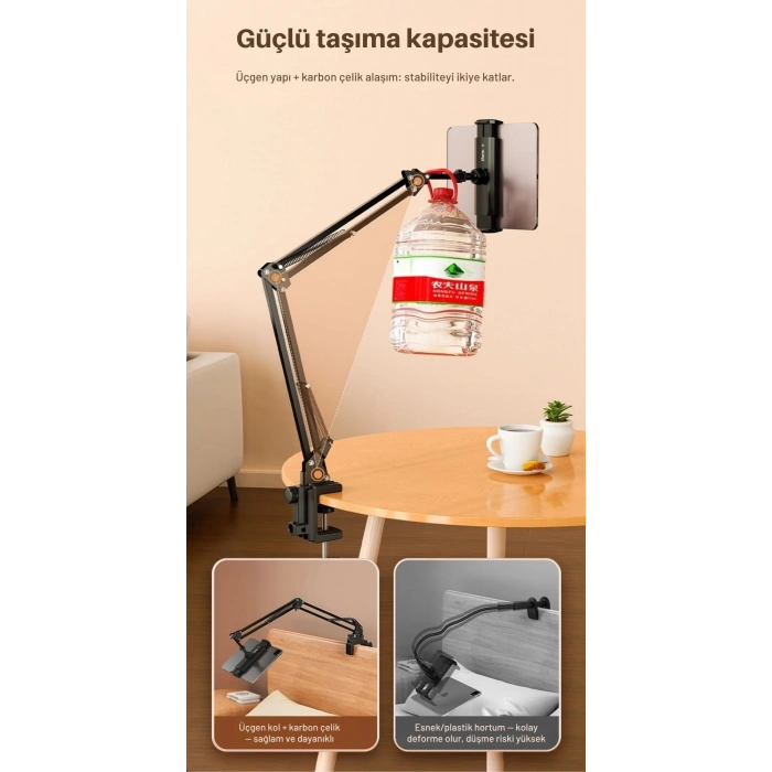 ShopyTech Metal 360° Uzun Kol Tablet/Telefon Standı Kelepçeli Masa/Yatak Başlığı Tutucu 6¨-12.9¨Uyumlu