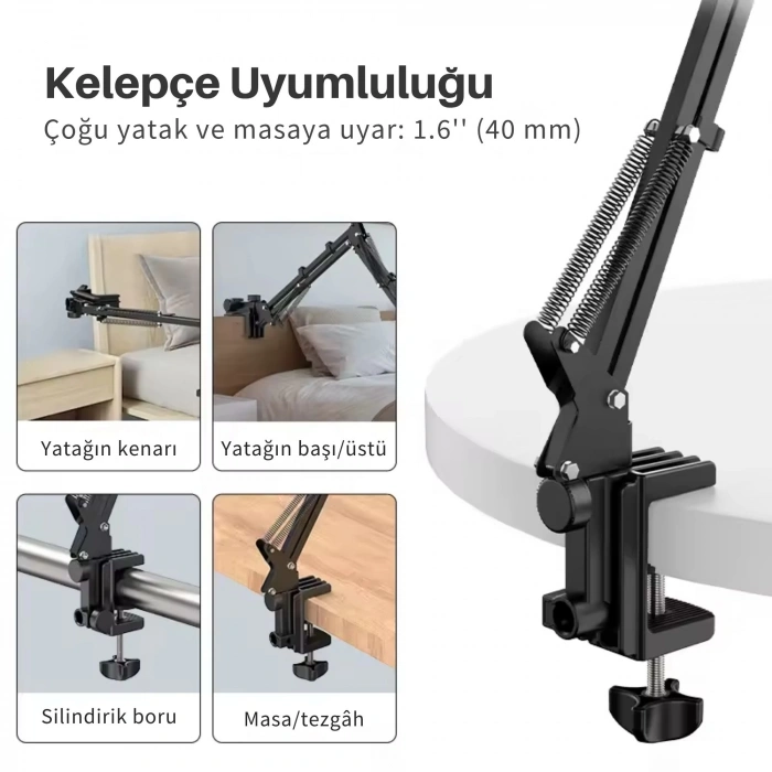 ShopyTech Metal 360° Uzun Kol Tablet/Telefon Standı Kelepçeli Masa/Yatak Başlığı Tutucu 6¨-12.9¨Uyumlu