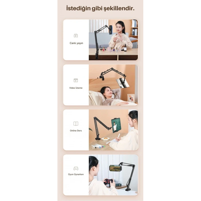 ShopyTech Metal 360° Uzun Kol Tablet/Telefon Standı Kelepçeli Masa/Yatak Başlığı Tutucu 6¨-12.9¨Uyumlu