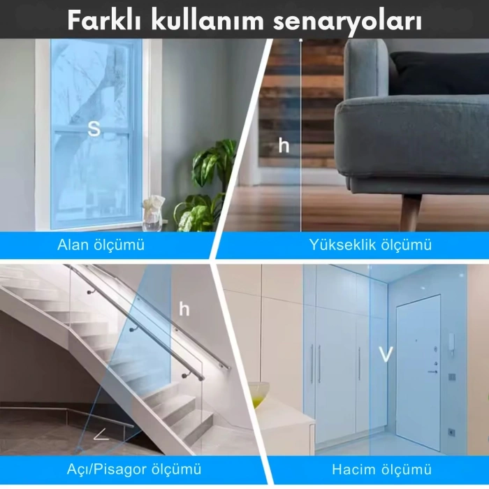 ShopyTech Mini USB Şarjlı Lazer Metre 50 m Dijital Mesafe Ölçer Alan/Hacim Hesabı Pisagor Sürekli Ölçüm