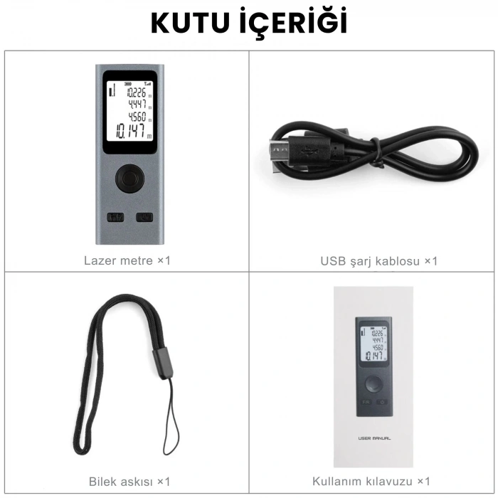 ShopyTech Mini USB Şarjlı Lazer Metre 50 m Dijital Mesafe Ölçer Alan/Hacim Hesabı Pisagor Sürekli Ölçüm