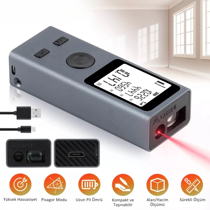 ShopyTech Mini USB Şarjlı Lazer Metre 50 m Dijital Mesafe Ölçer Alan/Hacim Hesabı Pisagor Sürekli Ölçüm
