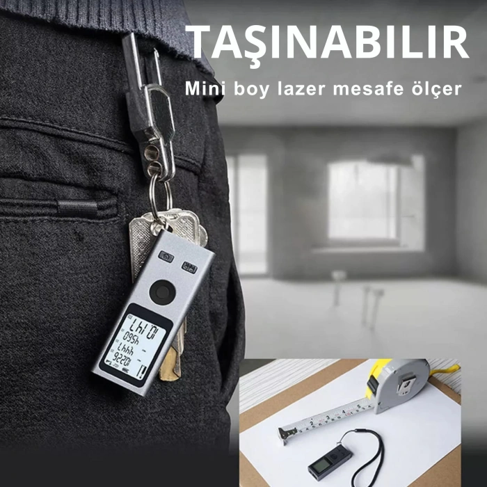 ShopyTech Mini USB Şarjlı Lazer Metre 50 m Dijital Mesafe Ölçer Alan/Hacim Hesabı Pisagor Sürekli Ölçüm