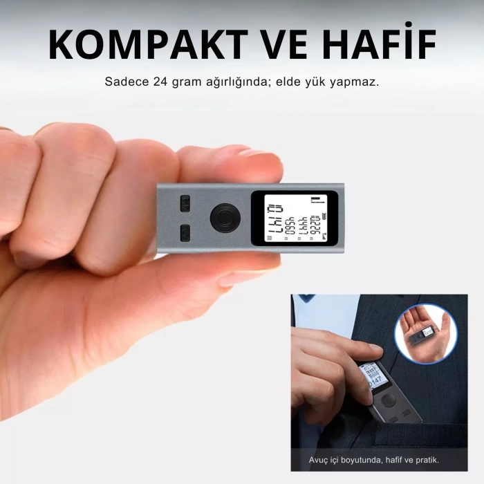 ShopyTech Mini USB Şarjlı Lazer Metre 50 m Dijital Mesafe Ölçer Alan/Hacim Hesabı Pisagor Sürekli Ölçüm