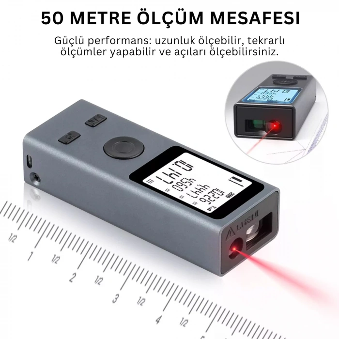 ShopyTech Mini USB Şarjlı Lazer Metre 50 m Dijital Mesafe Ölçer Alan/Hacim Hesabı Pisagor Sürekli Ölçüm