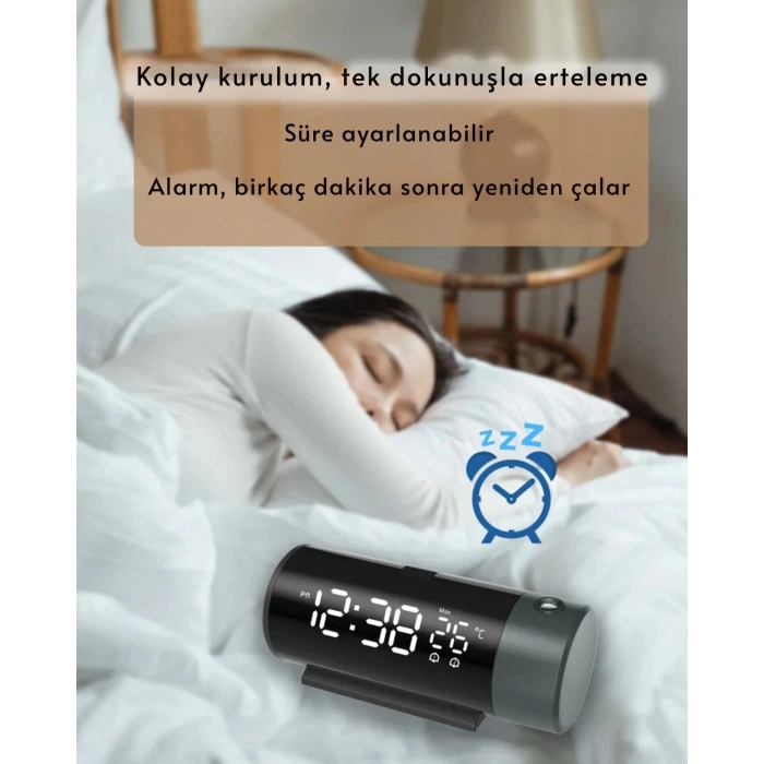 ShopyTech Projeksiyonlu Dijital Çalar Saat  Çift Alarm Termometre 180° Döner Kırmızı Projeksiyon Otomatik Parlaklık USB Telefon Şarjı