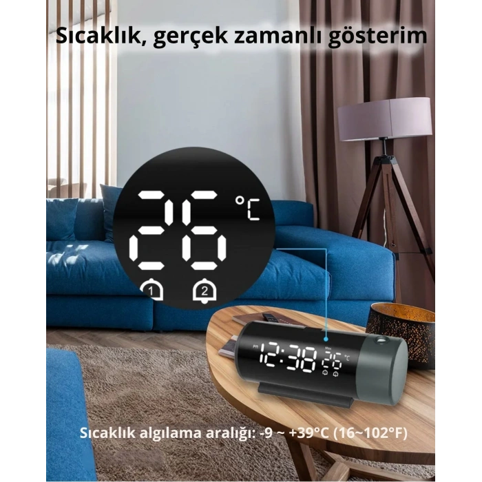 ShopyTech Projeksiyonlu Dijital Çalar Saat  Çift Alarm Termometre 180° Döner Kırmızı Projeksiyon Otomatik Parlaklık USB Telefon Şarjı