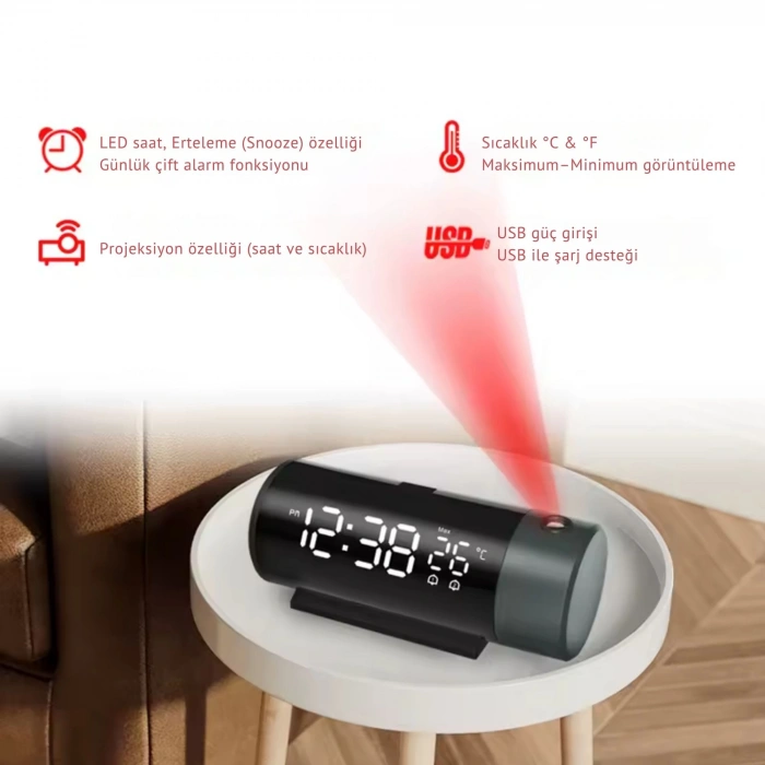 ShopyTech Projeksiyonlu Dijital Çalar Saat  Çift Alarm Termometre 180° Döner Kırmızı Projeksiyon Otomatik Parlaklık USB Telefon Şarjı