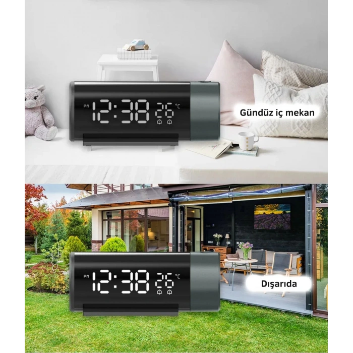 ShopyTech Projeksiyonlu Dijital Çalar Saat  Çift Alarm Termometre 180° Döner Kırmızı Projeksiyon Otomatik Parlaklık USB Telefon Şarjı