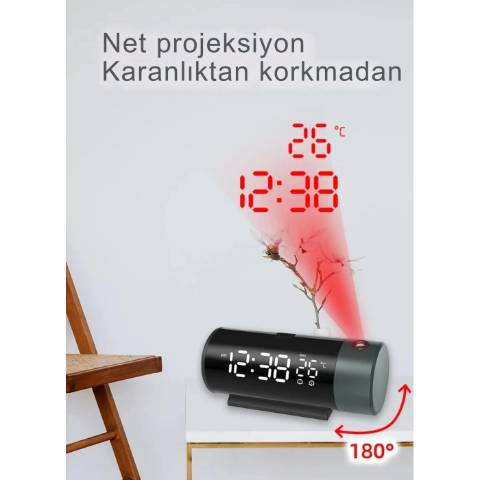 ShopyTech Projeksiyonlu Dijital Çalar Saat  Çift Alarm Termometre 180° Döner Kırmızı Projeksiyon Otomatik Parlaklık USB Telefon Şarjı