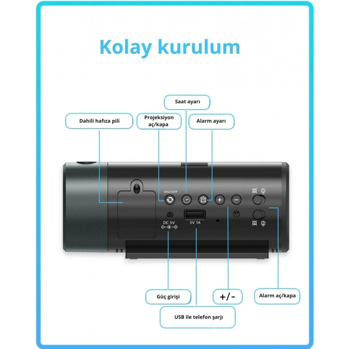 ShopyTech Projeksiyonlu Dijital Çalar Saat  Çift Alarm Termometre 180° Döner Kırmızı Projeksiyon Otomatik Parlaklık USB Telefon Şarjı