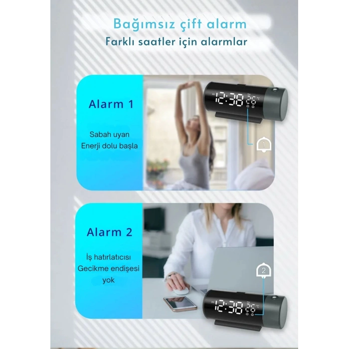 ShopyTech Projeksiyonlu Dijital Çalar Saat  Çift Alarm Termometre 180° Döner Kırmızı Projeksiyon Otomatik Parlaklık USB Telefon Şarjı