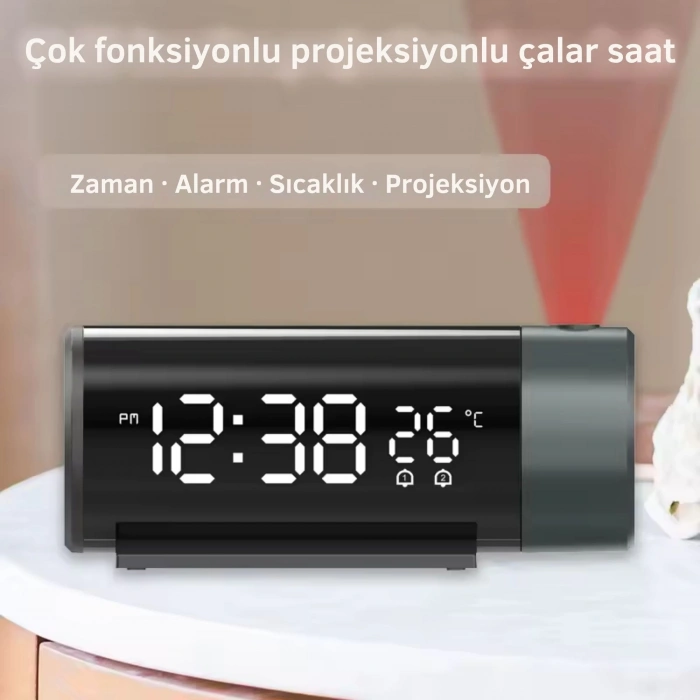 ShopyTech Projeksiyonlu Dijital Çalar Saat  Çift Alarm Termometre 180° Döner Kırmızı Projeksiyon Otomatik Parlaklık USB Telefon Şarjı