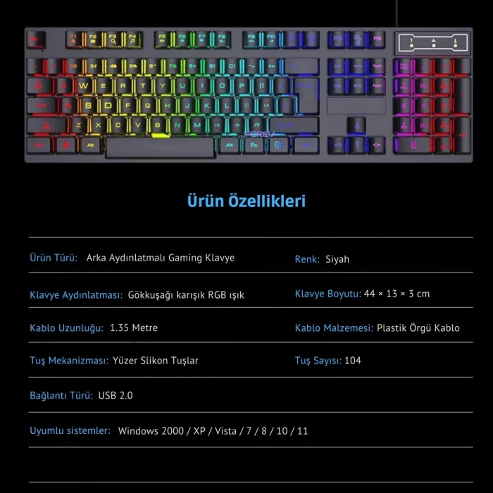 ShopyTech RGB Aydınlatmalı 104 Tuş Gaming Klavye USB 2.0 Mekanik Tuş Hissi FN Kısayolları