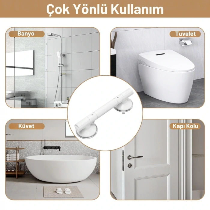 ShopyTech Vantuzlu Banyo Tutunma Barı Kaymaz Duş Tutma Kolu Emniyet El Rayı Yaşlı  Çocuk  Hamile  Engelliler İçin Hareket Destek Kolu 35 cm