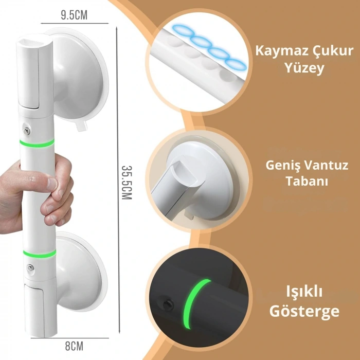 ShopyTech Vantuzlu Banyo Tutunma Barı Kaymaz Duş Tutma Kolu Emniyet El Rayı Yaşlı  Çocuk  Hamile  Engelliler İçin Hareket Destek Kolu 35 cm