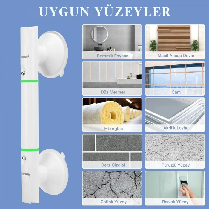 ShopyTech Vantuzlu Banyo Tutunma Barı Kaymaz Duş Tutma Kolu Emniyet El Rayı Yaşlı  Çocuk  Hamile  Engelliler İçin Hareket Destek Kolu 35 cm