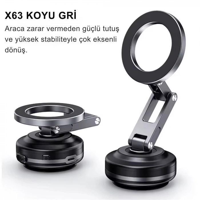 ShopyTech X63 Alüminyum Alaşımlı Manyetik Araç Telefon Tutucu 360° Çok Eksenli Vakum Tabanlı Type-C Şarjlı