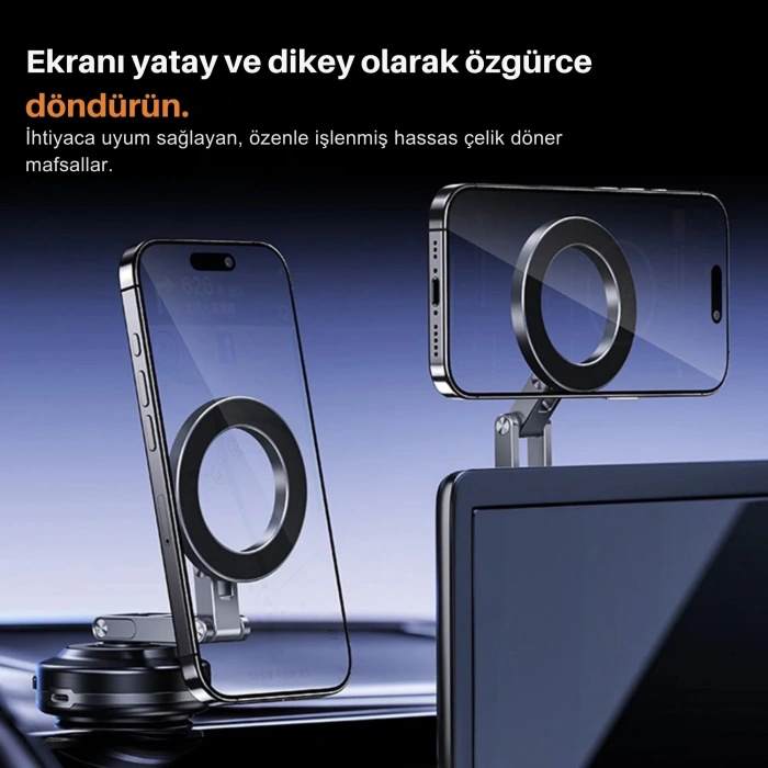 ShopyTech X63 Alüminyum Alaşımlı Manyetik Araç Telefon Tutucu 360° Çok Eksenli Vakum Tabanlı Type-C Şarjlı
