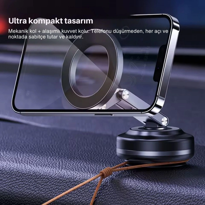 ShopyTech X63 Alüminyum Alaşımlı Manyetik Araç Telefon Tutucu 360° Çok Eksenli Vakum Tabanlı Type-C Şarjlı