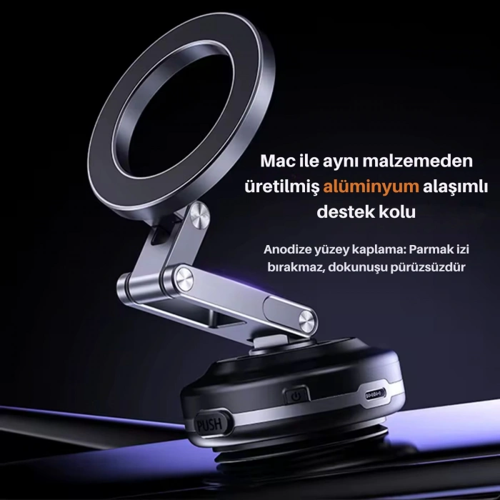 ShopyTech X63 Alüminyum Alaşımlı Manyetik Araç Telefon Tutucu 360° Çok Eksenli Vakum Tabanlı Type-C Şarjlı